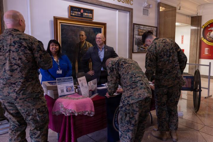 Mike Castillo, the Director of Navy-Marine Corps Relief Society (NMCRS) Camp Lejeune, speaks to U.S. Marines during a NMCRS fundraiser at Marine Corps Base Camp Lejeune, North Carolina, March 2, 2026. 